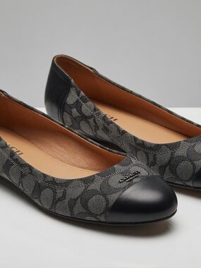 Coach Black and Gray Signature Logo Cap-Toe Ballet Flats
